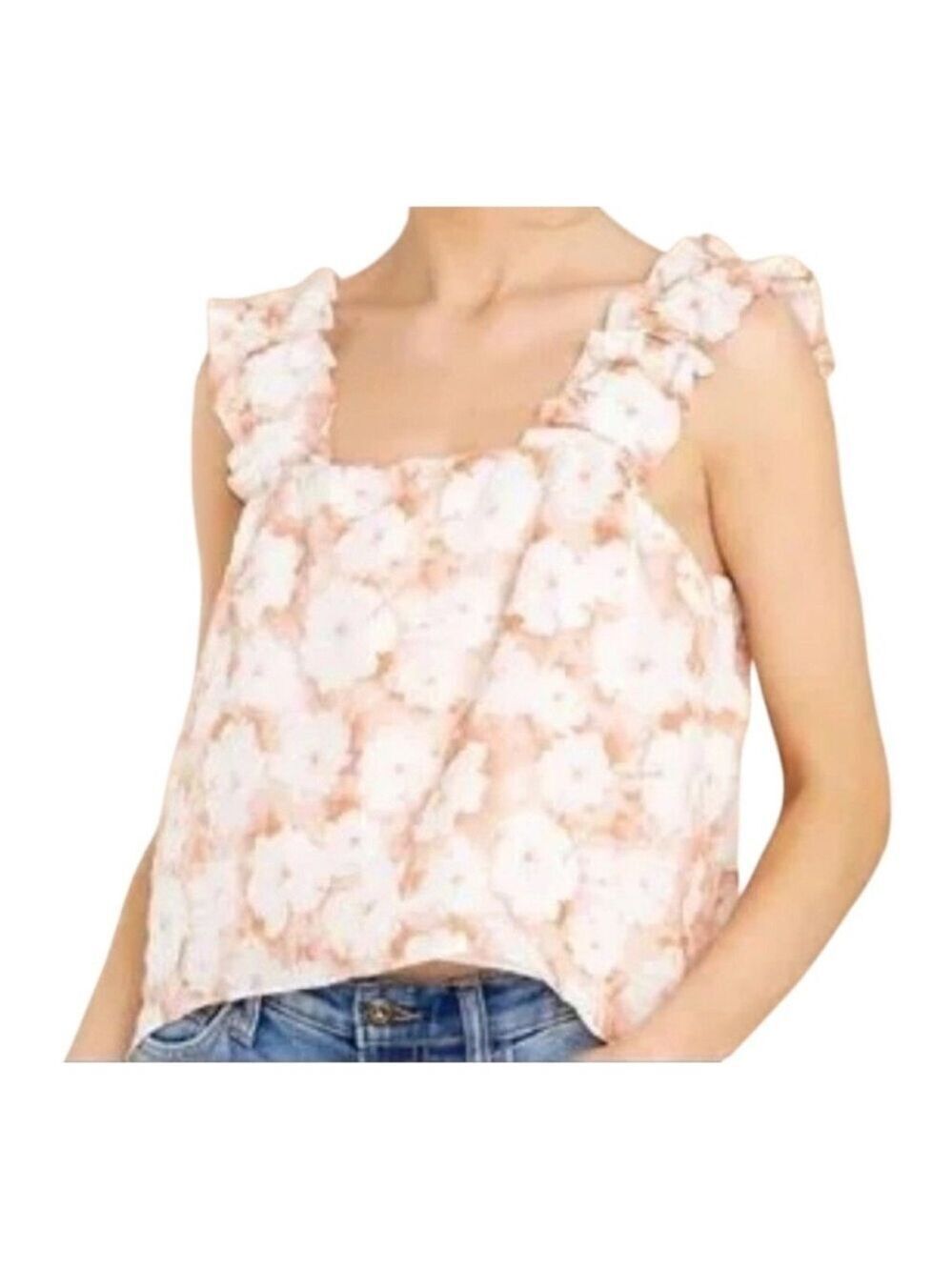 Moodie Textured Floral Ruffled Strap Square Neck Hi-Lo Tank Top Women’s Medium